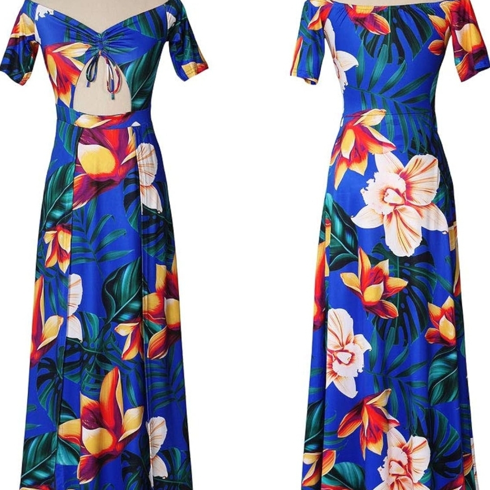 Blue Off-Shoulder Flutter Sleeve Maxi Sundress